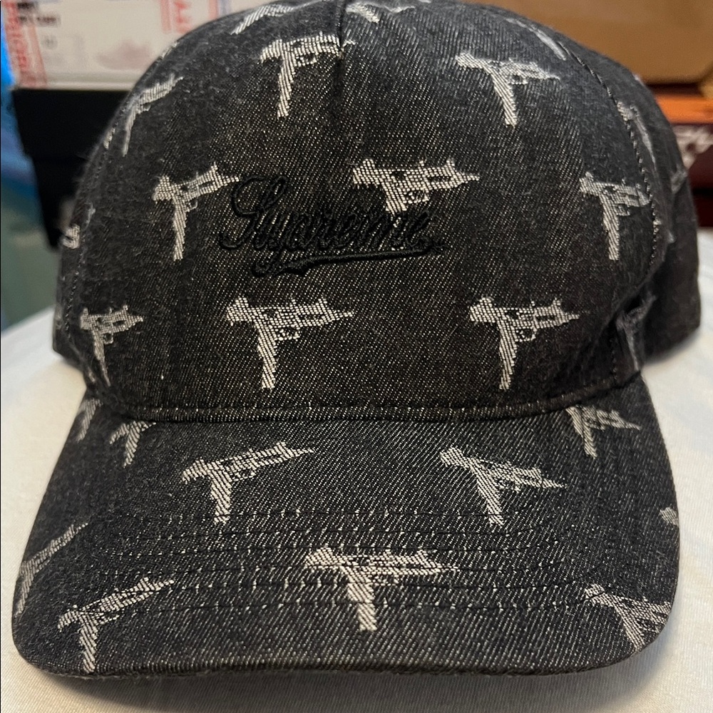 SUPREME DENIM JACQUARD UZI 5-PANEL BLACK FW15 RARE FIND